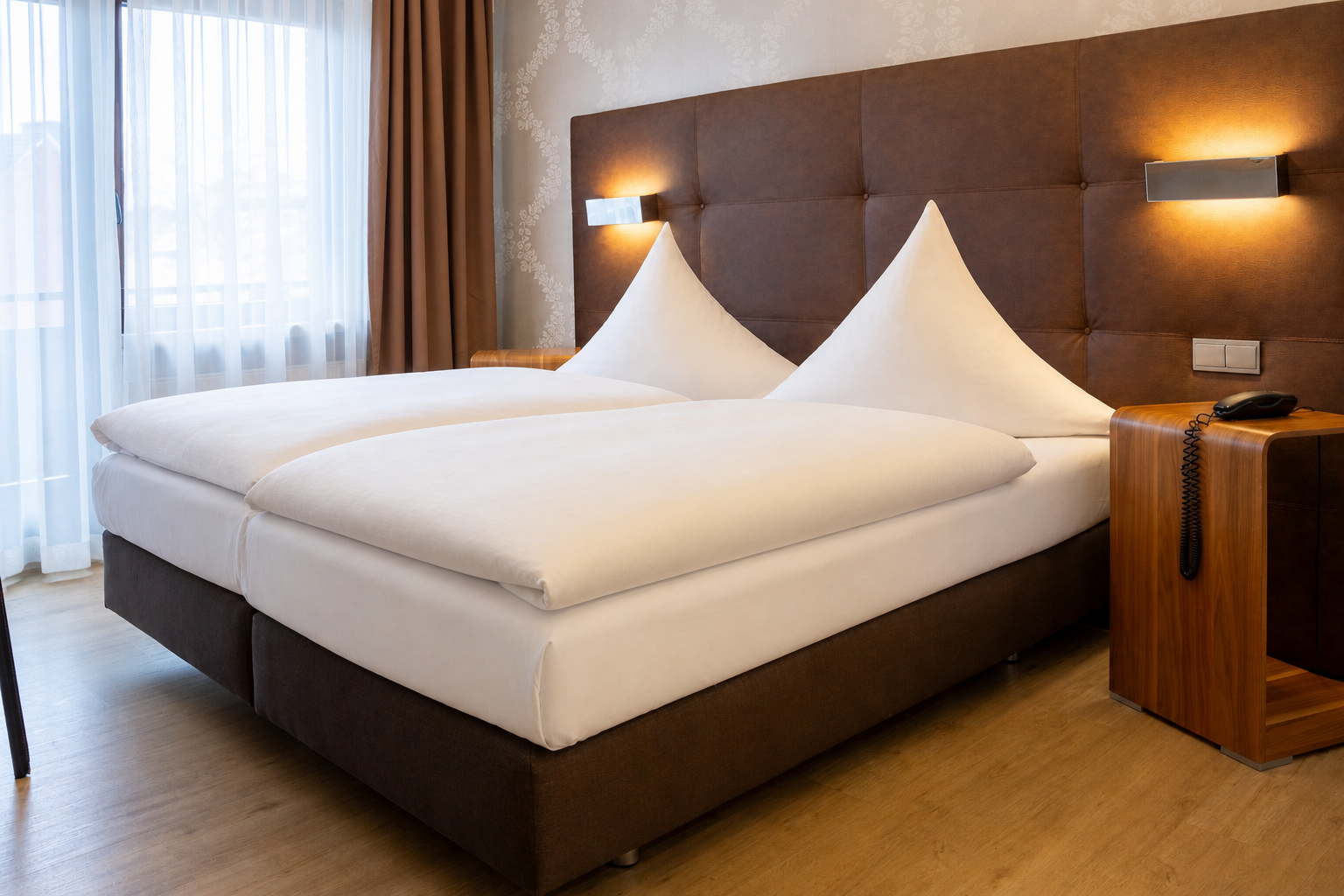 Double room in the main building with leather headboard and warm tones